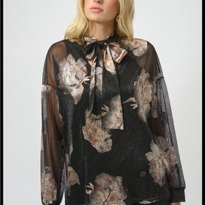 Joseph Ribkoff Black Floral Blouse with Bow Tie